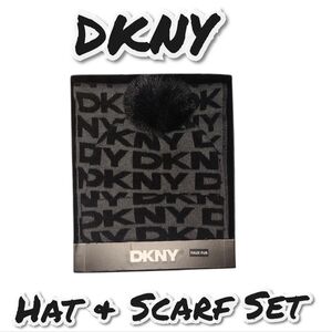 DKNY Black Faux Fur Pom-Pom Hat & Scarf Set